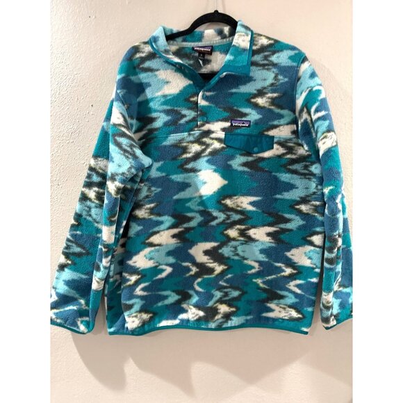 Patagonia Synchilla Fleece Trout Tales Elwha Blue Snaps Sweater Women's size XL - Picture 1 of 8